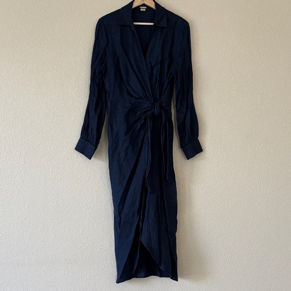 Magaschoni Wrap Dress Navy Blue 100% Linen Shirt Long Sleeve Classic Tie Waist - Picture 4 of 7